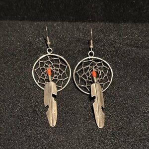 Dreamcatcher Feather coral and sterling silver Earrings.